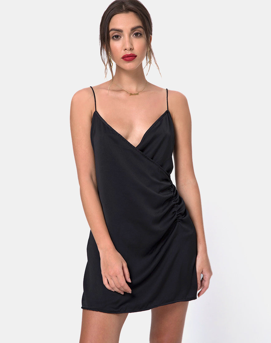 Black Satin Wrap Mini Dress | Bartier – motelrocks.com